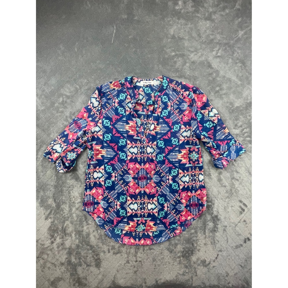 Wishful Park Womens M Blue Aztec Tribal Southwestern Roll Tab Sleeve Blouse Boho